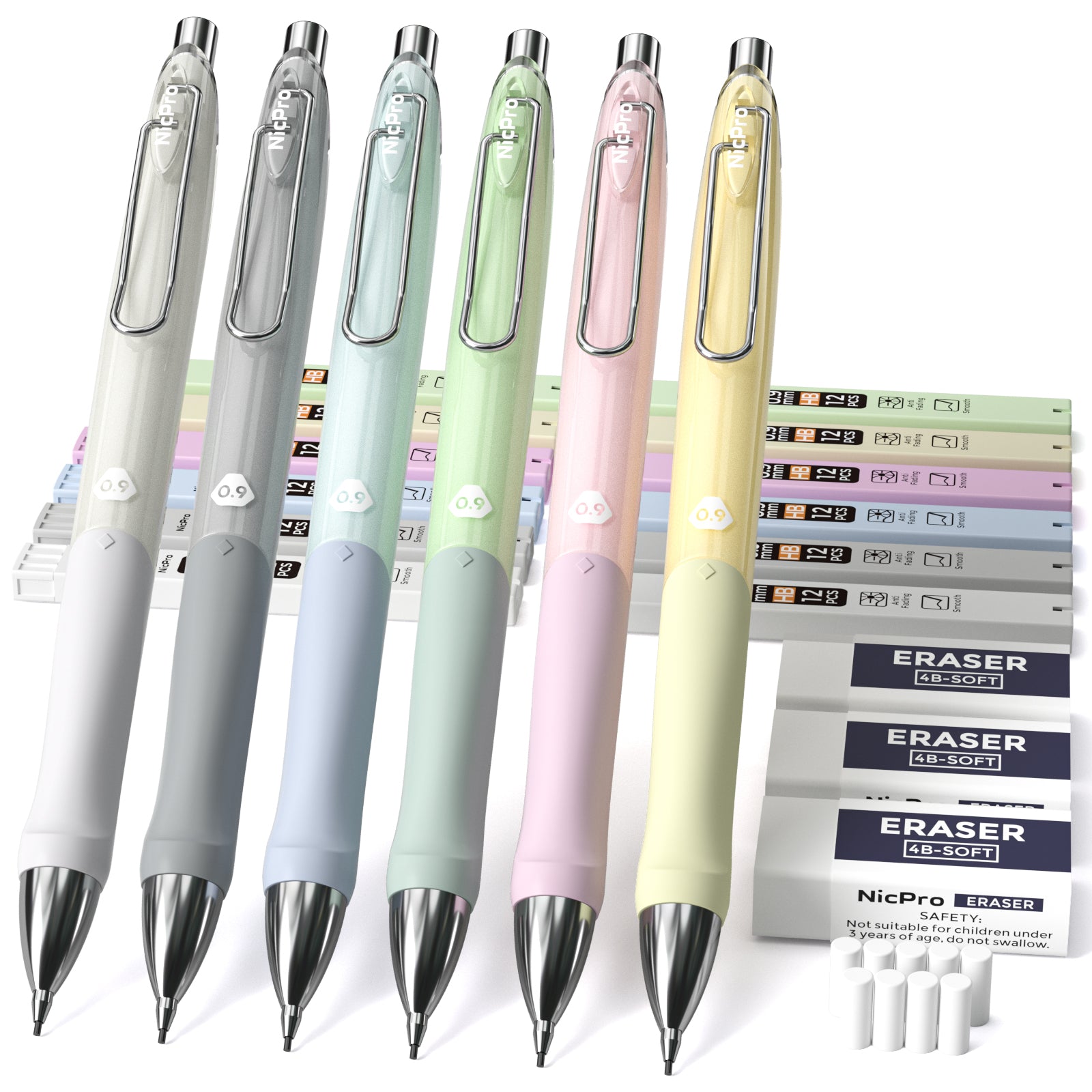 Nicpro 6 Color Pastel Mechanical Pencil Set 0.9 mm for School, Cute Me